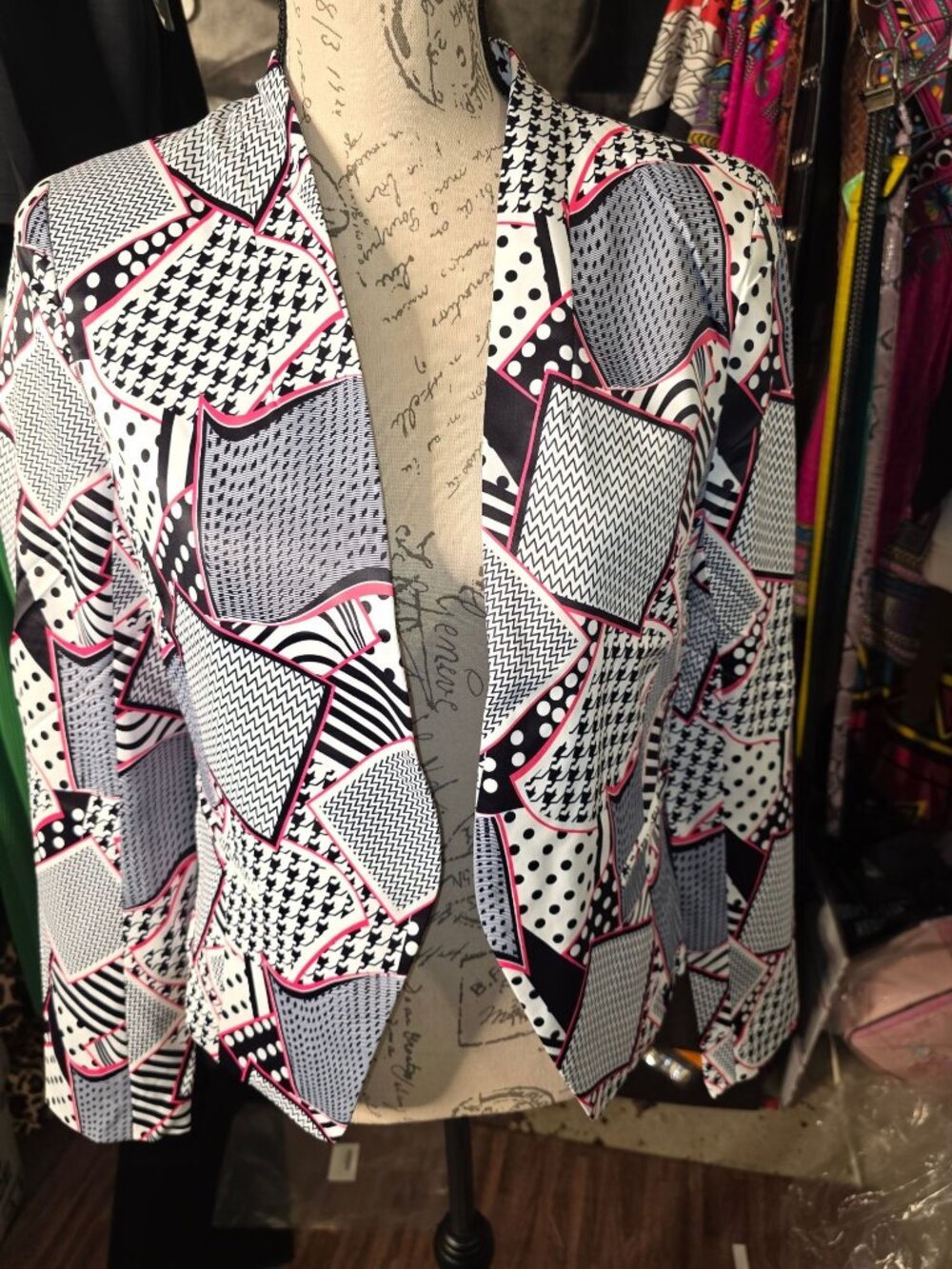 Abstract Geometric Womens Blazer Jacket Medium Ovi Cotton Blend Black & White Wi